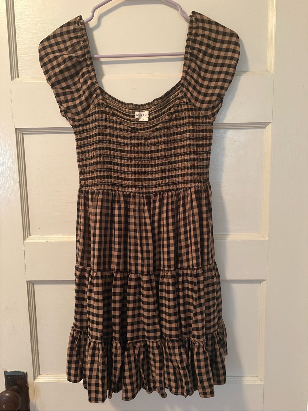 Smocked Gingham Dress - Brown/Black